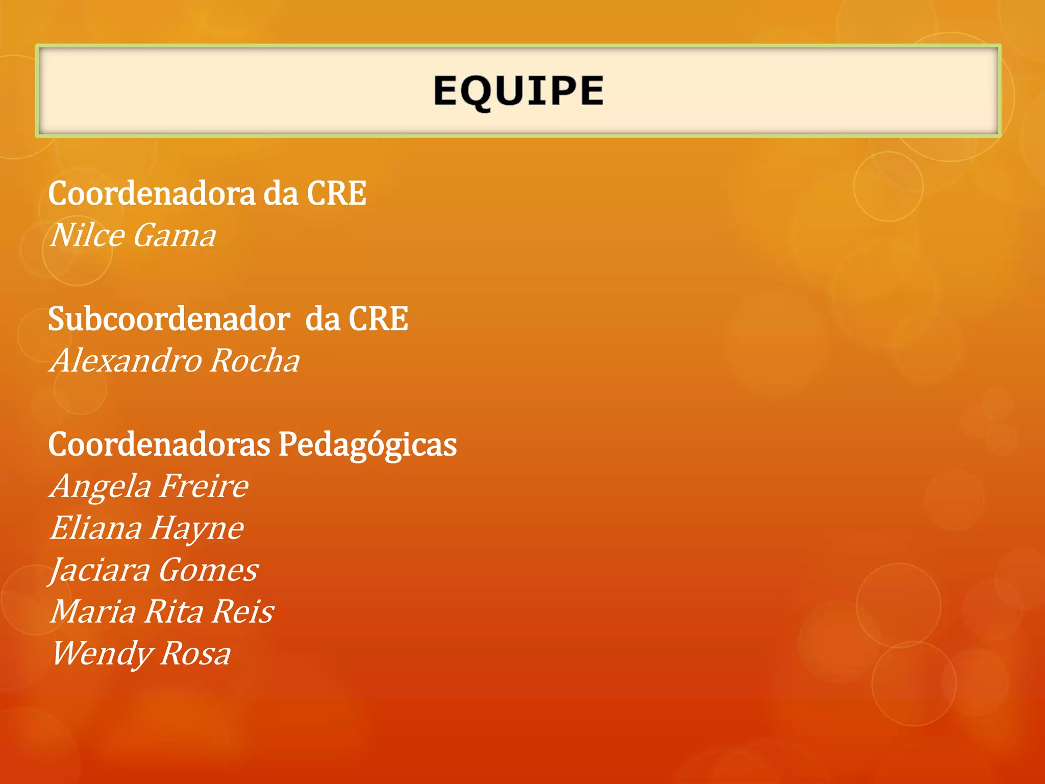 Coordenadora da CRE
Nilce Gama
Subcoordenador da CRE
Alexandro Rocha
Coordenadoras Pedagógicas
Angela Freire
Eliana Hayne
Jaciara Gomes
Maria Rita Reis
Wendy Rosa
 