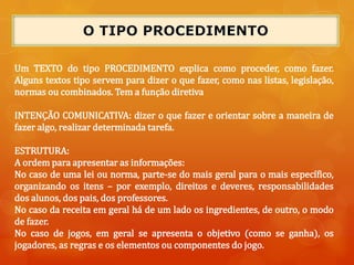 Um TEXTO do tipo PROCEDIMENTO explica como proceder, como fazer.
Alguns textos tipo servem para dizer o que fazer, como nas listas, legislação,
normas ou combinados. Tem a função diretiva
INTENÇÃO COMUNICATIVA: dizer o que fazer e orientar sobre a maneira de
fazer algo, realizar determinada tarefa.
ESTRUTURA:
A ordem para apresentar as informações:
No caso de uma lei ou norma, parte-se do mais geral para o mais específico,
organizando os itens – por exemplo, direitos e deveres, responsabilidades
dos alunos, dos pais, dos professores.
No caso da receita em geral há de um lado os ingredientes, de outro, o modo
de fazer.
No caso de jogos, em geral se apresenta o objetivo (como se ganha), os
jogadores, as regras e os elementos ou componentes do jogo.
 