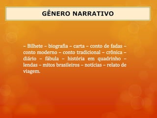 – Bilhete – biografia – carta – conto de fadas –
conto moderno – conto tradicional – crônica –
diário – fábula – história em quadrinho –
lendas – mitos brasileiros – notícias – relato de
viagem.
 