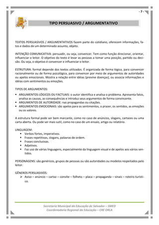 - 7 -
Secretaria Municipal da Educação de Salvador – SMED
Coordenadoria Regional da Educação – CRE ORLA
TEXTOS PERSUASIVOS / ARGUMENTATIVOS fazem parte do cotidiano, oferecem informações, fa-
tos e dados de um determinado assunto, objeto.
INTENÇÃO COMUNICATIVA: persuadir, ou seja, convencer. Tem como função direcionar, orientar,
influenciar o leitor. O objetivo do texto é levar as pessoas a tomar uma posição, partido ou deci-
são. Ou seja, o objetivo é convencer e influenciar o leitor.
ESTRUTURA: formal depende dos textos utilizados. É organizada de forma lógica, para convencer
racionalmente ou de forma psicológica, para convencer por meio de argumentos de autoridades
ou apelos emocionais. Mostra a relação entre idéias (previne doenças), ou associa informações e
idéias com sentimentos ou emoções.
TIPOS DE ARGUMENTOS:
ARGUMENTOS LÓGICOS OU FACTUAIS: o autor identifica e analisa o problema. Apresenta fatos,
analisa as causas, as consequências e introduz seus argumentos de forma convincente.
ARGUMENTOS DE AUTORIDADE: nas propagandas ou citações.
ARGUMENTOS EMOCIONAIS: são apelos para os sentimentos, o prazer, os sentidos, as emoções
ou os valores.
A estrutura formal pode ser bem marcante, como no caso de anúncios, slogans, cartazes ou uma
carta aberta. Ou pode ser mais sutil, como no caso de um ensaio, artigo ou relatório.
LINGUAGEM:
Verbos fortes, imperativos.
Frases repetitivas, slogans, palavras de ordem.
Frases conclusivas.
Adjetivos.
Faz uso de várias linguagens, especialmente da linguagem visual e de apelos aos vários sen-
tidos.
PERSONAGENS: são genéricos, grupos de pessoas ou são autoridades ou modelos respeitados pelo
leitor.
GÊNEROS PERSUASIVOS:
Aviso – anúncio – cartaz – convite – folheto – placa – propaganda – sinais – roteiro turísti-
co.
TIPO PERSUASIVO / ARGUMENTATIVO
 