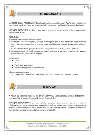 - 8 -
Secretaria Municipal da Educação de Salvador – SMED
Coordenadoria Regional da Educação – CRE ORLA
Um TEXTO do tipo PROCEDIMENTO explica como proceder, como fazer. Alguns textos tipo servem
para dizer o que fazer, como nas listas, legislação, normas ou combinados. Tem a função diretiva
INTENÇÃO COMUNICATIVA: dizer o que fazer e orientar sobre a maneira de fazer algo, realizar
determinada tarefa.
ESTRUTURA:
A ordem para apresentar as informações:
No caso de uma lei ou norma, parte-se do mais geral para o mais específico, organizando os
itens – por exemplo, direitos e deveres, responsabilidades dos alunos, dos pais, dos professo-
res.
No caso da receita em geral há de um lado os ingredientes, de outro, o modo de fazer.
No caso de jogos, em geral se apresenta o objetivo (como se ganha), os jogadores, as regras e
os elementos ou componentes do jogo.
LINGUAGEM:
Técnica
Precisa
Clara, objetiva e sucinta
Verbos no imperativo ou no infinitivo
GÊNERO PROCEDIMENTO:
Combinado – formulário – formulário – leis – lista – instruções – normas – receita
A POESIA é o tipo mais elaborado de TEXTOS LITERÁRIOS. É considerada a semente de toda litera-
tura, pois foi o primeiro gênero literário a ser desenvolvido.
INTENÇÃO COMUNICATIVA: provocar no leitor respostas intelectuais, emocionais ou ambas. A
POESIA pode ser como NARRATIVA, mas também pode ser usada para explicar ou persuadir as
pessoas sobre determinadas idéias (cordel para fins educativo e político). Tudo pode haver poesia:
num bilhete, numa carta, no acróstico, numa descrição etc.
TIPO PROCEDIMENTO
TIPO POESIA
 