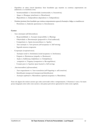 -   Dependência em reforço (reward dependence): fator hereditário que mantém ou continua comportamentos em
    andamento e se manifesta como
    - Sentimentalidade vs. Insensitividade (sentimentality vs. Insensitivity)
    - Apego vs. Desapego (attachment vs. Detachment)
    - Dependência vs. Independência (dependence vs. Independence)

-   Persistência (persistence): fator hereditário que continua comportamentos apesar de frustração e fadiga e se manifesta em
    - Persistência vs. Indecisão (persistence vs. Irresoluteness)



Caráter:
-   Auto-orientação (self-directedness)
    - Responsabilidade vs. Acusação (responsibility vs. Blaming)
    - Objetividade vs. Desorientação (purposeful vs. Goal undirected)
    - Competência vs. Apatia (resourcefulness vs. Apathy)
    - Auto-aceitação vs. Auto-procura (self-acceptance vs. Self-striving)
    - Segunda natureza congruente

-   Cooperação (cooperativeness)
    - Aceitação social vs. Intolerância (social acceptance vs. Intolerance)
    - Empatia vs. Desinteresse (empathy vs. Desinterest)
    - Ajuda vs. Indiferença (helpfulness vs. Unhelpfulness)
    -      compaixão vs. Vingança (compassion vs. Revengefulness)
    - Coração puro vs. Egoísmo (pure hearted vs. Self-serving)

-   Auto-transcendência (self-transcendance)
    - Auto-esquecimento vs. Auto-consciência (self-forgetting vs. self-conscious)
    - Identificação transpessoal (transpersonal identification)
    - Aceitação espiritual vs. Materialismo (spiritual acceptance vs. Materialism)


Estes são alguns dos muitos autores que estão escrevendo sobre o temperamento. A literatura é vasta e há muito
pouca integração entre todos estes autores e não parece proveitoso apresentá-los todos neste capítulo.




CopyMarket.com                   Os Tipos Humanos: A Teoria da Personalidade – Luiz Pasquali                                    12
 