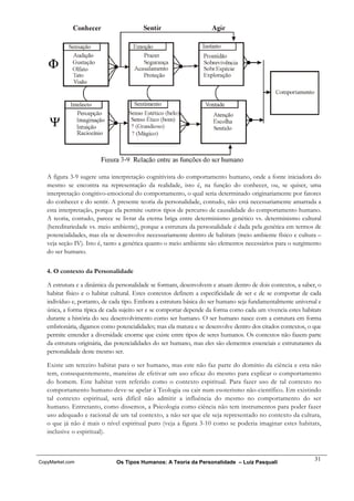 A figura 3-9 sugere uma interpretação cognitivista do comportamento humano, onde a fonte iniciadora do
   mesmo se encontra na representação da realidade, isto é, na função do conhecer, ou, se quiser, uma
   interpretação congitivo-emocional do comportamento, o qual seria determinado originariamente por fatores
   do conhecer e do sentir. A presente teoria da personalidade, contudo, não está necessariamente amarrada a
   esta interpretação, porque ela permite outros tipos de percurso de causalidade do comportamento humano.
   A teoria, contudo, parece se livrar da eterna briga entre determinismo genético vs. determinismo cultural
   (hereditariedade vs. meio ambiente), porque a estrutura da personalidade é dada pela genética em termos de
   potencialidades, mas ela se desenvolve necessariamente dentro de habitats (meio ambiente físico e cultura –
   veja seção IV). Isto é, tanto a genética quanto o meio ambiente são elementos necessários para o surgimento
   do ser humano.


   4. O contexto da Personalidade

   A estrutura e a dinâmica da personalidade se formam, desenvolvem e atuam dentro de dois contextos, a saber, o
   habitat físico e o habitat cultural. Estes contextos definem a especificidade de ser e de se comportar de cada
   indivíduo e, portanto, de cada tipo. Embora a estrutura básica do ser humano seja fundamentalmente universal e
   única, a forma típica de cada sujeito ser e se comportar depende da forma como cada um vivencia estes habitats
   durante a história do seu desenvolvimento como ser humano. O ser humano nasce com a estrutura em forma
   embrionária, digamos como potencialidades; mas ela matura e se desenvolve dentro dos citados contextos, o que
   permite entender a diversidade enorme que existe entre tipos de seres humanos. Os contextos não fazem parte
   da estrutura originária, das potencialidades do ser humano, mas eles são elementos essenciais e estruturantes da
   personalidade deste mesmo ser.

   Existe um terceiro habitat para o ser humano, mas este não faz parte do domínio da ciência e esta não
   tem, consequentemente, maneiras de efetivar um uso eficaz do mesmo para explicar o comportamento
   do homem. Este habitat vem referido como o contexto espiritual. Para fazer uso de tal contexto no
   comportamento humano deve-se apelar à Teologia ou cair num esoterismo não-científico. Em existindo
   tal contexto espiritual, será difícil não admitir a influência do mesmo no comportamento do ser
   humano. Entretanto, como dissemos, a Psicologia como ciência não tem instrumentos para poder fazer
   uso adequado e racional de um tal contexto, a não ser que ele seja representado no contexto da cultura,
   o que já não é mais o nível espiritual puro (veja a figura 3-10 como se poderia imaginar estes habitats,
   inclusive o espiritual).



                                                                                                                31
CopyMarket.com                 Os Tipos Humanos: A Teoria da Personalidade – Luiz Pasquali
 