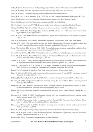 Carlyn, M. (1977). An assessment of the Myers-Briggs Type Indicator. Journal of Personality Assessment, 41, 461-473.
Cattell, R.B. (1950). Personality: A systematic theoretical and factual study. New York: McGraw-Hill.
Cattell, R.B. (1965). The scientific analysis of personality. Harmondsworth: Penguin Books.
Cattell, R.B., Eber, H.W., & Tatsuoka, M.M. (1970). The 16-Factor Personality Questionnaire. Champaign, IL: IPAT.
Chess, S. & Thomas, A. (1984). Origins and evolution of behavior disorders. New York: Brunner/Mazel.
Chess, S. & Thomas, A. (1986). Temperament in clinical practice. New York: Guilford.
Ciba Foundation Symposium 89 (1982). Temperament differences in infants and young children. London: Pitman.
Claridge, G. (1985). Origins of mental illness: Temperament, deviance, and disorder. Oxford: Basil Blackwell.
Coan, R.W. (1979). The Myers-Briggs Type Indicator. In O.K. Buros, The VIIIth mental measurement yearbook.
       Highland Park, CA: Gryphon Press.
Coe, C.K. (1992). The MBTI: Potential uses and misuses in personnel administration. Public Personnel Management,
       21(4), 511-522.
Cole, M. & Maltzman, I. (1969 – Eds.). A handbook of contemporary Soviet psychology. New York: Basic Books.
Corulla, W.J. (1989). The relationship between the Strelau Temperament Inventory, sensation seeking and
        Eysenck’s dimensional system personality. Personality and Individual Differences, 10, 161-173.
Costa, P.T., McCrae, R.R., & Norris, A.H. (1981). Personal adjustment to aging: Longitudinal prediction from
        neuroticism and extraversion. Journal of Gerontology, 36(1), 78-85.
Costa, P.T. Jr. & McCrae, R.R. (1985). The NEO Personality Inventory. Odessa, FL: Psychological Assessment Resources.
Costa, P.T. Jr. & McCrae, R.R. (1988). From catalog to classification: Murray’s needs and the five-factor model.
        Journal of Personality and Social Psychology, 55, 258-265.
Cowles, M. & Davis, C. (1988). Relationships between trait measures in groups chosen for their extreme scores
        on the Eysenck Personality Inventory. Personality and Individual Differences, 9(2), 313-319.
Cruise, R.J., Blitchington, W.P., & Futcher, W.G.A. (1980). Temperant inventory: An instrument to empirically
        verify the four-factor hypothesis. Educational and Psychological Measurement, 40, 943-954.
Davies, P. (1983). God and the new physics. New York: Simon & Schuster. A Touchstone Book.
Davis, C. & Cowles, M. (1988). A laboratory study of temperament arousal: A test of Gale’s hypothesis. Journal of
        Research in Personality, 22(1), 101-116.
DeFries, J.C., Plomin, R., & Fulker, D.W. (1994). Nature and nurture during middle childhood. Oxford: Blackwell.
De Vries, M. (1984). Temperament and infant mortality among the Masai of East Africa. American Journal of
       Psychiatry, 141, 1189-1194.
Derryberry, D. (1987). Incentive and feedback effects on target detection: A chronometric analysis of Gray’s
       model of temperament. Personality and Individual Differences, 8(6), 855-865.
Digman, J.M. (1990). Personality structure: Emergence of the five-factor model. Annual Review of Psychology, 41, 417-
       440.
Ehrman, M. & Oxford, R. (1990). Adult language learning styles and strategies in an intensive training setting.
      Modern Language Journal, 74(3), 311-327.
Eliasz, A. (1985). Transactional model of temperament. In J. Strelau (Ed.), Temperament bases of behavior: Warsaw
         studies on individual differences. Lisse, Holland: Swets & Zeitlinger.
Eliasz, A. & Wrzesniewski, K. (1986). A behavior resulting from internal or external reinforcements. Polish
        Psychological Bulletin. 17, 39-53.
Eliasz, A. (1981). Temperament a system regulacij stymulacij. Warszawa: Panstwowe Wydawnictwl Naukowe.
Elliot, T.R. & Maples, S. (1991). Stress management training for employees experiencing corporate acquisition.
         Journal of Employment Counseling, 28(3), 107-114.
Eysenck, H.J. (1970). The structure of human personality. London: Methuen.

                                                                                                                       45
CopyMarket.com                   Os Tipos Humanos: A Teoria da Personalidade – Luiz Pasquali
 