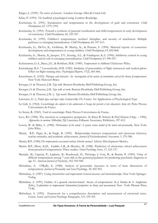 Klages, L. (1929). The science of character. London: George Allen & Unwin Ltd.
Kline, P. (1993). The handbook of psychological testing. London: Routledge.
Kochanska, G. (1991). Socialization and temperament in the development of guilt and conscience. Child
      Development, 62, 1379-1392.
Kochanska, G. (1993). Toward a synthesis of parental socialization and child temperament in early development
      of conscience. Child Development, 64, 325-347.
Kochanska, G. (1995). Children’s temperament, mothers’ discipline, and security of attachment: Multiple
      pathways to emerging internalization. Child Development, 66, 597-615.
Kochanska, G., DeVet, K., Goldman, M. Murray, K., & Putnam, S. (1994). Maternal reports of conscience
      development and temperament in young children. Child Development, 65, 852-868.
Kochanska, G., Murray, K, Jacques, T.Y., Koenig, A.L., & Vandegesst, K.A. (1996). Inhibitory control in young
      children and its role in emerging internalization. Child Development, 67, 490-507.
Kohnstamm, G.A., Bates, J.E., & Rothbart, M.K. (1989). Temperament in childhood. Chichester: Wiley.
Kreienkamp, R.A. 7 Luessenheide, H.D. (1985). Similarity of personalities of flight instructors and student-pilots:
       Effect on flight training time. Psychological Reports, 57(2), 465-466.
Kretschmer, E. (1925). Physique and character: An investigation of the nature of constitution and of the theory of temperament.
       New York: Harcourt-Brace.
Kroeger, O. & Thuesen, J.M. Type talk. Bantam Doubleday Dell Publishing Group, Inc.
Kroeger, O. & Thuesen, J.M. Type talk at work. Bantam Doubleday Dell Publishing Group, Inc.
Kroeger, O. & Thuesen, J.M. (). Type watch. Bantam Doubleday Dell Publishing Group, Inc.
Lawrence, G. (). People types and tiger strips. Gainesville, FL: Center for Applications of Psychological Type.
Le Gall, A. (1964). Caractérologie des enfants et des adolescents à l’usage des parents et des éducateurs. 6me éd. Paris: Presses
        Universitaires de France.
Le Senne, R. (1963). Traité de caractérologie. Paris: Presses Universitaires de France.
Levy, R.I. (1984). The emotions in comparative perspective. In Klaus R. Scherer & Paul Ekman (Orgs. – 1984),
        Approaches to emotion. Hillsdale, NJ: Lawrence Erlbaum Associates, Publishers, 397-412.
Lowen, W. & Miike, L. (1982). Dichotomies of the mind: A system science model of the mind and personality. New York:
       John Wiley.
Martin, R.P., Paget, K., & Nagle, R. (1983). Relationships between temperament and classroom behavior,
       teacher attitudes, and academic achievement. Journal of Psychoeducational Assessment, 1, 370-386.
Martin, R.P. (1984).The temperament assessment battery: Interim manual. Athens: Development Metrics.
Martin, R.P., Drew, K.D., Gaddis, L.R., & Moseley, M. (1988). Prediction of elementary school achievement
        from preschool temperament: Three studies. School Psychology Series, 17, 125-137.
Maziade, M., Caperaa, P., Laplante, B., Boudreault, H., Thivierge, J. Cote, R., & Boutin, P. (1985). Value of
       difficult temperament among 7 year-olds in the general population for predicting psychiatric diagnosis at
       age 12. American Journal of Psychiatry, 142, 943-946.
Mehrabian, A. O’Reilly, E. (1980). Analysis of personality measures in terms of basic dimensions of
       temperament. Journal of Personality and Social Psychology, 38, 492-503.
Mehrabian, A. (1987). Eating characteristics and temperament: General measures and interrelationships. New York: Springer-
       Verlag.
Mehrabian, A. (1991). Outline of a general emotion-based theory of temperament. In J. Strelau & A. Angleitner
       (Eds.), Explorations in temperament: International perspectives on theory and measurement. New York: Plenum Press,
       75-86.
Mehrabian, A. (1995). Framework for a comprehensive description and measurement of emotional states.
       Genetic, Social, and General Psychology Monographs, 121, 339-361.

                                                                                                                              47
CopyMarket.com                    Os Tipos Humanos: A Teoria da Personalidade – Luiz Pasquali
 