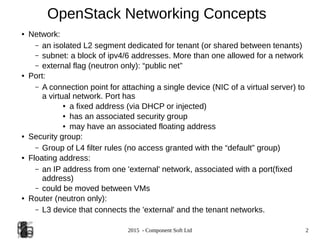 2015 - Component Soft Ltd 2
OpenStack Networking Concepts
● Network:
– an isolated L2 segment dedicated for tenant (or shared between tenants)
– subnet: a block of ipv4/6 addresses. More than one allowed for a network
– external flag (neutron only): “public net”
● Port:
– A connection point for attaching a single device (NIC of a virtual server) to
a virtual network. Port has
● a fixed address (via DHCP or injected)
● has an associated security group
● may have an associated floating address
● Security group:
– Group of L4 filter rules (no access granted with the “default” group)
● Floating address:
– an IP address from one 'external' network, associated with a port(fixed
address)
– could be moved between VMs
● Router (neutron only):
– L3 device that connects the 'external' and the tenant networks.
 