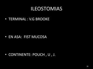 ILEOSTOMIAS
35
• TERMINAL : V.G BROOKE
• EN ASA: FIST MUCOSA
• CONTINENTE: POUCH , U , J.
 