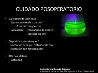 CUIDADO POSOPERATORIO
• Evaluacion de viabilidad
Estoma en ciruela u oscuro *
-Trinitrato de glicerina
Evaluacion : -Tecnica tubo de ensayo
-Fluoresceina 5ml
• Dispositivos de ostomias *
Proteccion de la piel ‘estandar de oro’
Proteccion con hidrocoloides
• Alta hospitalaria
Actividad
Anorectal and Colonic Diseases
A Practical Guide to Their Management Third Edition 2010
 
