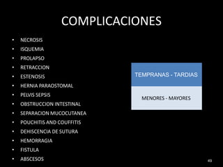 49
COMPLICACIONES
• NECROSIS
• ISQUEMIA
• PROLAPSO
• RETRACCION
• ESTENOSIS
• HERNIA PARAOSTOMAL
• PELVIS SEPSIS
• OBSTRUCCION INTESTINAL
• SEPARACION MUCOCUTANEA
• POUCHITIS AND COUFFITIS
• DEHISCENCIA DE SUTURA
• HEMORRAGIA
• FISTULA
• ABSCESOS
TEMPRANAS - TARDIAS
MENORES - MAYORES
 