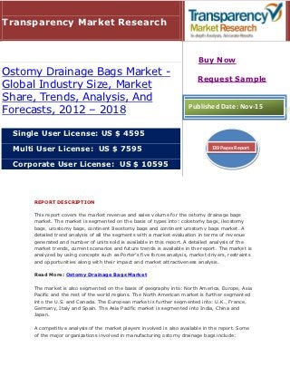Transparency Market Research


                                                                          Buy Now
Ostomy Drainage Bags Market -
                                                                          Request Sample
Global Industry Size, Market
Share, Trends, Analysis, And
                                                                      Published Date: Nov-15
Forecasts, 2012 – 2018

 Single User License: US $ 4595

 Multi User License: US $ 7595                                                  139 Pages Report


 Corporate User License: US $ 10595



     REPORT DESCRIPTION

     This report covers the market revenue and sales volume for the ostomy drainage bags
     market. The market is segmented on the basis of types into: colostomy bags, ileostomy
     bags, urostomy bags, continent Ileostomy bags and continent urostomy bags market. A
     detailed trend analysis of all the segments with a market evaluation in terms of revenue
     generated and number of units sold is available in this report. A detailed analysis of the
     market trends, current scenarios and future trends is available in the report. The market is
     analyzed by using concepts such as Porter’s five forces analysis, market drivers, restraints
     and opportunities along with their impact and market attractiveness analysis.

     Read More: Ostomy Drainage Bags Market

     The market is also segmented on the basis of geography into: North America, Europe, Asia
     Pacific and the rest of the world regions. The North American market is further segmented
     into the U.S. and Canada. The European market is further segmented into: U.K., France,
     Germany, Italy and Spain. The Asia Pacific market is segmented into India, China and
     Japan.

     A competitive analysis of the market players involved is also available in the report. Some
     of the major organizations involved in manufacturing ostomy drainage bags include:
 