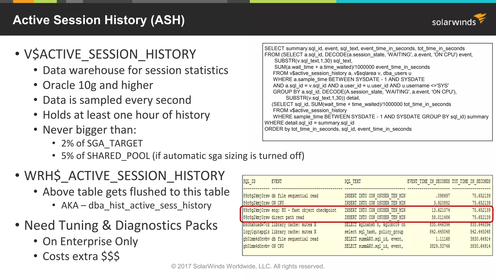Active Session History (ASH) • V$ACTIVE_SESSION_HISTORY • Data warehouse for session statistics • Oracle 10g and higher • Data is sampled every second • Holds at least one hour of history • Never bigger than: • 2% of SGA_TARGET • 5% of SHARED_POOL (if automatic sga sizing is turned off) • WRH$_ACTIVE_SESSION_HISTORY • Above table gets flushed to this table • AKA – dba_hist_active_sess_history • Need Tuning & Diagnostics Packs • On Enterprise Only • Costs extra $$$ © 2017 SolarWinds Worldwide, LLC. All rights reserved. SELECT summary.sql_id, event, sql_text, event_time_in_seconds, tot_time_in_seconds FROM (SELECT a.sql_id, DECODE(a.session_state, 'WAITING', a.event, 'ON CPU') event, SUBSTR(v.sql_text,1,30) sql_text, SUM(a.wait_time + a.time_waited)/1000000 event_time_in_seconds FROM v$active_session_history a, v$sqlarea v, dba_users u WHERE a.sample_time BETWEEN SYSDATE - 1 AND SYSDATE AND a.sql_id = v.sql_id AND a.user_id = u.user_id AND u.username <>'SYS' GROUP BY a.sql_id, DECODE(A.session_state, 'WAITING', a.event, 'ON CPU'), SUBSTR(v.sql_text,1,30)) detail, (SELECT sql_id, SUM(wait_time + time_waited)/1000000 tot_time_in_seconds FROM v$active_session_history WHERE sample_time BETWEEN SYSDATE - 1 AND SYSDATE GROUP BY sql_id) summary WHERE detail.sql_id = summary.sql_id ORDER by tot_time_in_seconds, sql_id, event_time_in_seconds 