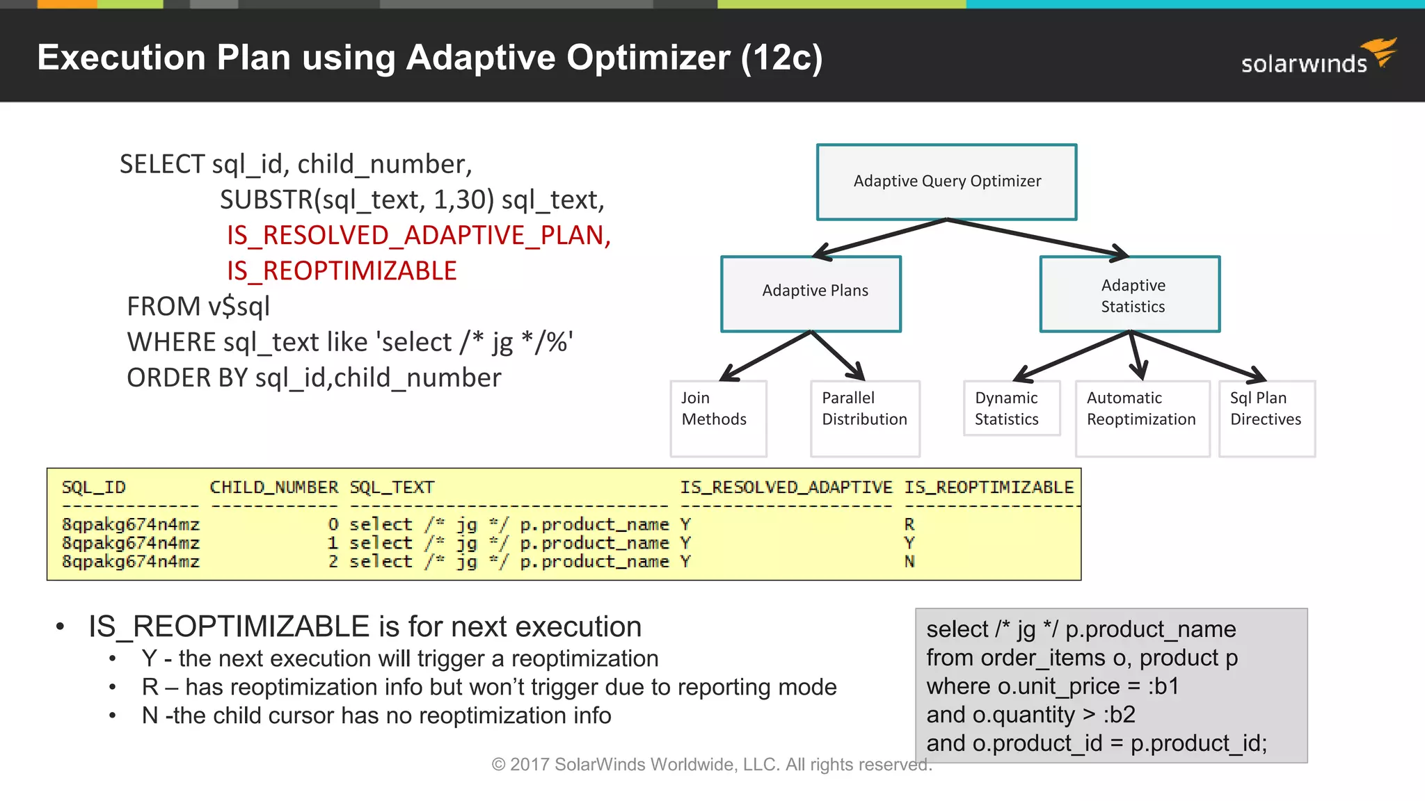 Execution Plan using Adaptive Optimizer (12c) SELECT sql_id, child_number, SUBSTR(sql_text, 1,30) sql_text, IS_RESOLVED_ADAPTIVE_PLAN, IS_REOPTIMIZABLE FROM v$sql WHERE sql_text like 'select /* jg */%' ORDER BY sql_id,child_number • IS_REOPTIMIZABLE is for next execution • Y - the next execution will trigger a reoptimization • R – has reoptimization info but won’t trigger due to reporting mode • N -the child cursor has no reoptimization info select /* jg */ p.product_name from order_items o, product p where o.unit_price = :b1 and o.quantity > :b2 and o.product_id = p.product_id; Adaptive Query Optimizer Adaptive Plans Adaptive Statistics Join Methods Parallel Distribution Dynamic Statistics Automatic Reoptimization Sql Plan Directives © 2017 SolarWinds Worldwide, LLC. All rights reserved. 