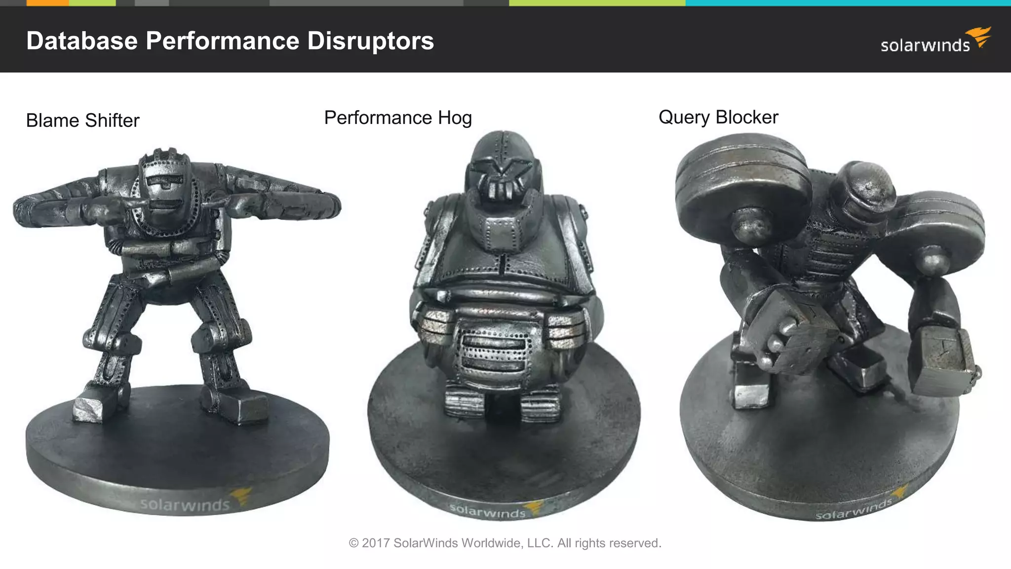 Database Performance Disruptors © 2017 SolarWinds Worldwide, LLC. All rights reserved. Blame Shifter Performance Hog Query Blocker 