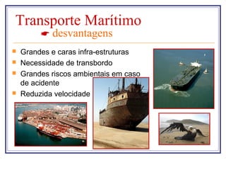 Transporte Marítimo
          desvantagens
   Grandes e caras infra-estruturas
   Necessidade de transbordo
   Grandes riscos ambientais em caso
    de acidente
   Reduzida velocidade
 