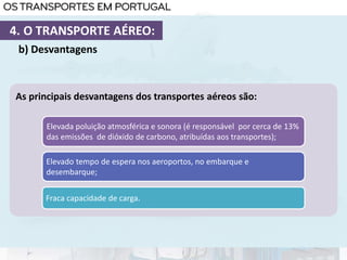 As principais desvantagens dos transportes aéreos são:
Elevada poluição atmosférica e sonora (é responsável por cerca de 13%
das emissões de dióxido de carbono, atribuídas aos transportes);
Elevado tempo de espera nos aeroportos, no embarque e
desembarque;
Fraca capacidade de carga.
b) Desvantagens
4. O TRANSPORTE AÉREO:
 