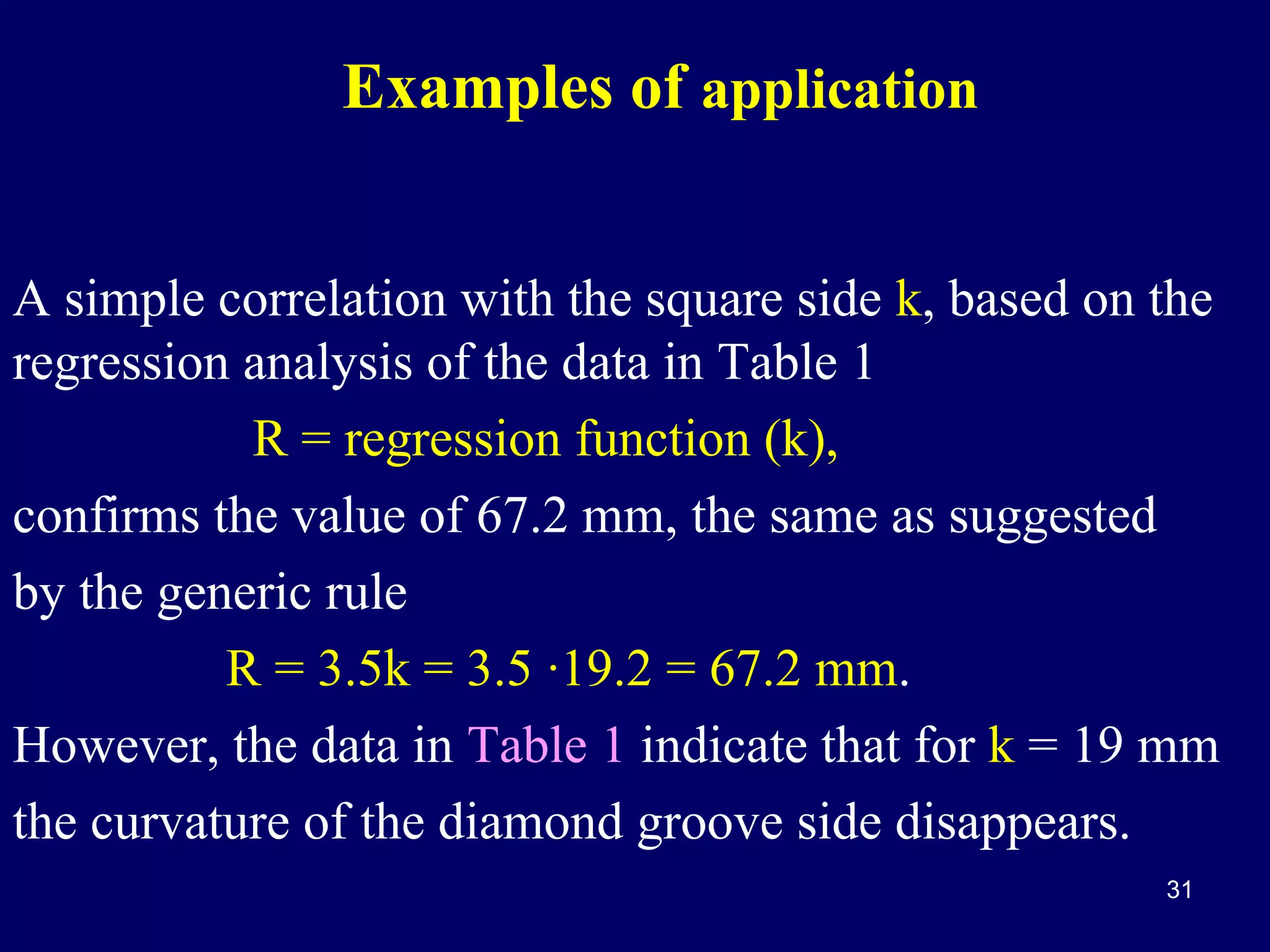 Examples of application
A simple correlation with the square side k, based on the
regression analysis of the data in Table 1
R = regression function (k),
confirms the value of 67.2 mm, the same as suggested
by the generic rule
R = 3.5k = 3.5 ·19.2 = 67.2 mm.
However, the data in Table 1 indicate that for k = 19 mm
the curvature of the diamond groove side disappears.
31

 