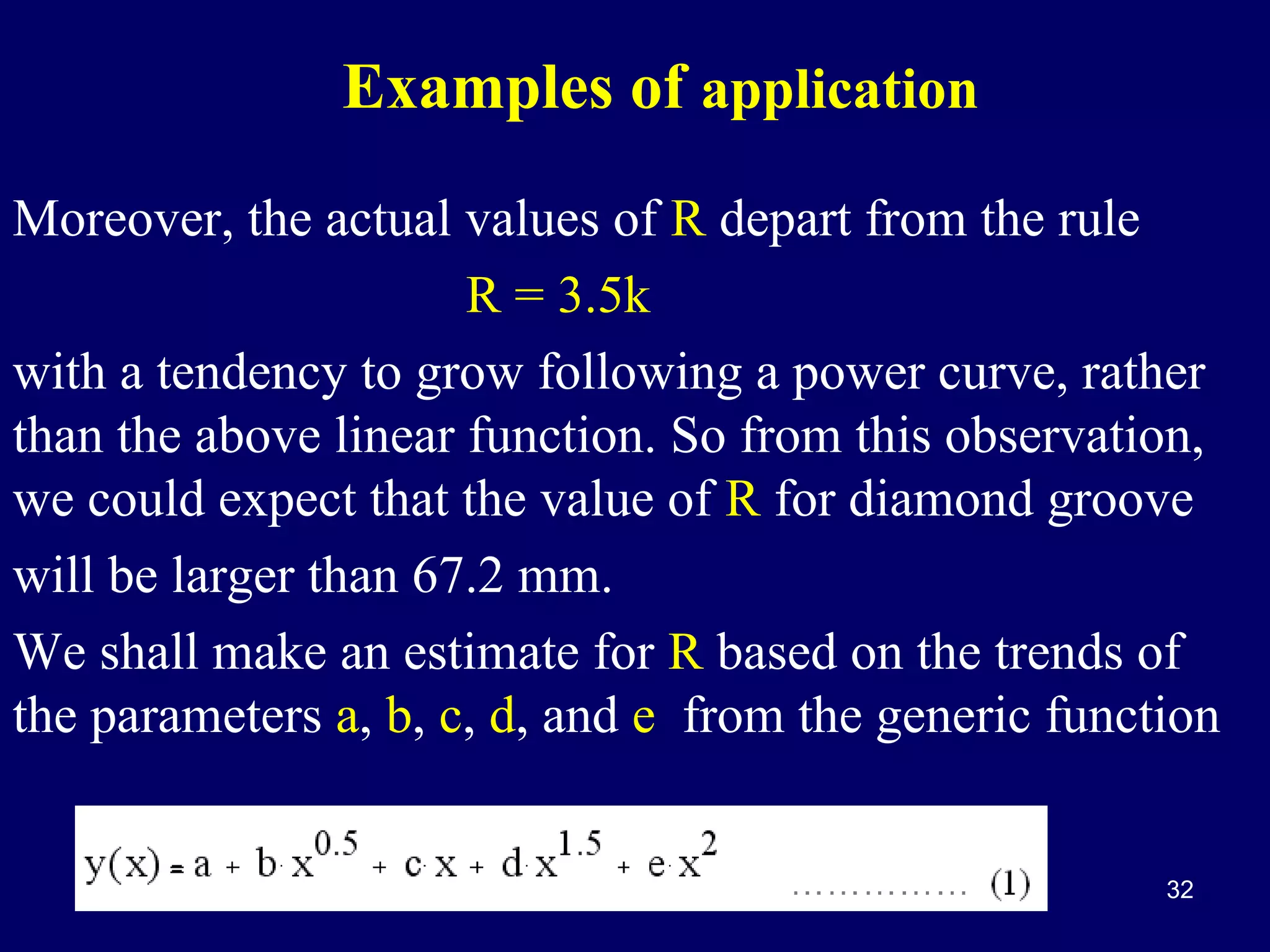 Examples of application
Moreover, the actual values of R depart from the rule
R = 3.5k
with a tendency to grow following a power curve, rather
than the above linear function. So from this observation,
we could expect that the value of R for diamond groove
will be larger than 67.2 mm.
We shall make an estimate for R based on the trends of
the parameters a, b, c, d, and e from the generic function

32

 