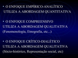 O ENFOQUE EMPÍRICO-ANALÍTICO UTILIZA  A ABORDAGEM  QUANTITATIV A O ENFOQUE COMPREENSIVO  UTILIZA  A ABORDAGEM  QUALITATIV A (Fenomenologia, Etnografia, etc...) O ENFOQUE CRÍTICO-DIALÉTICO  UTILIZA  A ABORDAGEM  QUALITATIV A (Sócio-histórico, Representação social, etc) 