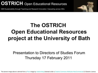 The OSTRICH  Open Educational Resources project at the University of Bath ,[object Object],[object Object],The banner image above is derived from a  Flickr  image  by  matstornberg   licensed under a  Creative Commons Attribution- NonCommercial  2.0 Generic Licence .  