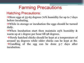 Farming Precautions
Hatching Precautions:
Store eggs at 55-65 degrees 70% humidity for up to 7 days
before incubating.
While in storage or incubation the eggs should be turned
daily.
When Incubation start then maintain 25% humidity &
warm up at 1 degree per hour till 98 degrees.
Newly hatched chicks should be kept at a temperature of
around 95 degrees while older chicks can be kept at 80.
Candling of the egg can be done 5-7 days after
incubation.
 