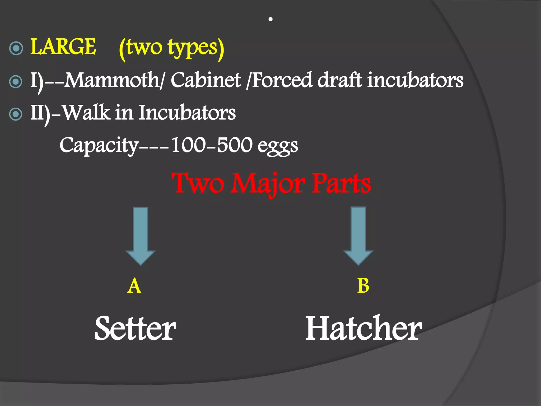 .
 LARGE (two types)
 I)--Mammoth/ Cabinet /Forced draft incubators
 II)-Walk in Incubators
Capacity---100-500 eggs
Two Major Parts
A B
Setter Hatcher
 