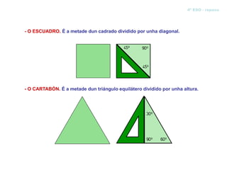 4º ESO - repaso




- O ESCUADRO. É a metade dun cadrado dividido por unha diagonal.




- O CARTABÓN. É a metade dun triángulo equilátero dividido por unha altura.
 