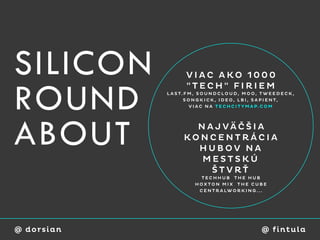 SILICON              VIAC AKO 1000


ROUND
                     "TECH" FIRIEM
            L A S T. F M , S O U N D C L O U D , M O O , T W E E D E C K ,
                    S O N G K I C K , I D E O , L B I , S A P I E N T,
                       V I A C N A T E C H C I T Y M A P. C O M




ABOUT                 N A J VÄČŠI A
                    KONCENTRÁCIA
                      HUBOV NA
                       MESTSKÚ
                         ŠTVRŤ
                           TECHHUB THE HUB
                         HOXTON MIX THE CUBE
                          C E N T R A LW O R K I N G . . .




@ dorsian                                                 @ fi ntu l a
 