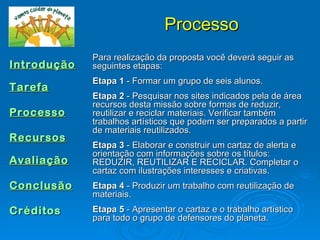 Processo
             Para realização da proposta você deverá seguir as
Introdução   seguintes etapas:
             Etapa 1 - Formar um grupo de seis alunos.
Tarefa
             Etapa 2 - Pesquisar nos sites indicados pela de área
             recursos desta missão sobre formas de reduzir,
Processo     reutilizar e reciclar materiais. Verificar também
             trabalhos artísticos que podem ser preparados a partir
             de materiais reutilizados.
Recursos
             Etapa 3 - Elaborar e construir um cartaz de alerta e
             orientação com informações sobre os títulos:
Avaliação    REDUZIR, REUTILIZAR E RECICLAR. Completar o
             cartaz com ilustrações interesses e criativas.
Conclusão    Etapa 4 - Produzir um trabalho com reutilização de
             materiais.
Créditos     Etapa 5 - Apresentar o cartaz e o trabalho artístico
             para todo o grupo de defensores do planeta.
 