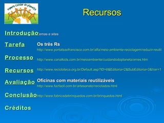 Recursos

IntroduçãoTemas e sites


Tarefa           Os três Rs
                 http://www.portalsaofrancisco.com.br/alfa/meio-ambiente-reciclagem/reduzir-reutiliza
                 http://www.portalsaofrancisco.com.br/alfa/meio-ambiente-reciclagem/reduzir-reutiliz

Processo         http://www.canalkids.com.br/meioambiente/cuidandodoplaneta/erres.htm


Recursos         http://www.recicloteca.org.br/Default.asp?ID=6&Editoria=2&SubEditoria=3&Ver=1


Avaliação Oficinas com materiais reutilizáveis
                 http://www.fazfacil.com.br/artesanato/reciclados.html

Conclusão http://www.fabricadebrinquedos.com.br/brinquedos.html

Créditos
 