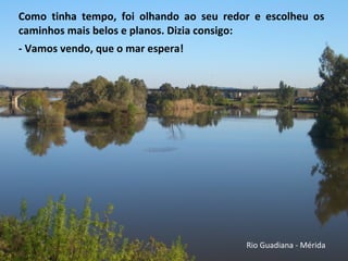 Como tinha tempo, foi olhando ao seu redor e escolheu os
caminhos mais belos e planos. Dizia consigo:
- Vamos vendo, que o mar espera!
Rio Guadiana - Mérida
 