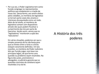  Por sua vez, o Poder Legislativo tem como
  função congregar os representantes
  políticos que estabelecem a criação de
  novas leis. Dessa forma, aos serem eleitos
  pelos cidadãos, os membros do legislativo
  se tornam porta-vozes dos anseios e
  interesses da população como um todo.
  Além de tal tarefa, os membros do
  legislativo contam com dispositivos
  através dos quais podem fiscalizar o
  cumprimento das leis por parte do
  Executivo. Sendo assim, vemos que os
  “legisladores” monitoram a ação dos
  “executores”.

  Em várias situações, podemos ver que a
  simples presença da lei não basta para
  que os limites entre o lícito e o ilícito
  estejam claramente definidos. Em tais
  ocasiões, os membros do Poder Judiciário
  têm por função julgar, com base nos
  princípios legais, de que forma uma
  questão ou problema sejam resolvidos. Na
  figura dos juízes, promotores e
  advogados, o judiciário garante que as
  questões concretas do cotidiano sejam
  resolvidas à luz da lei.
 