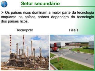 Setor secundário
 Os países ricos dominam a maior parte da tecnologia
enquanto os países pobres dependem da tecnologia
dos países ricos.
Tecnopolo Filiais
 