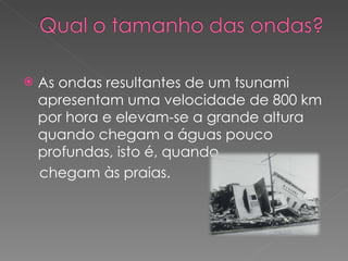 As ondas resultantes de um tsunami apresentam uma velocidade de 800 km por hora e elevam-se a grande altura quando chegam a águas pouco profundas, isto é, quando chegam às praias. 