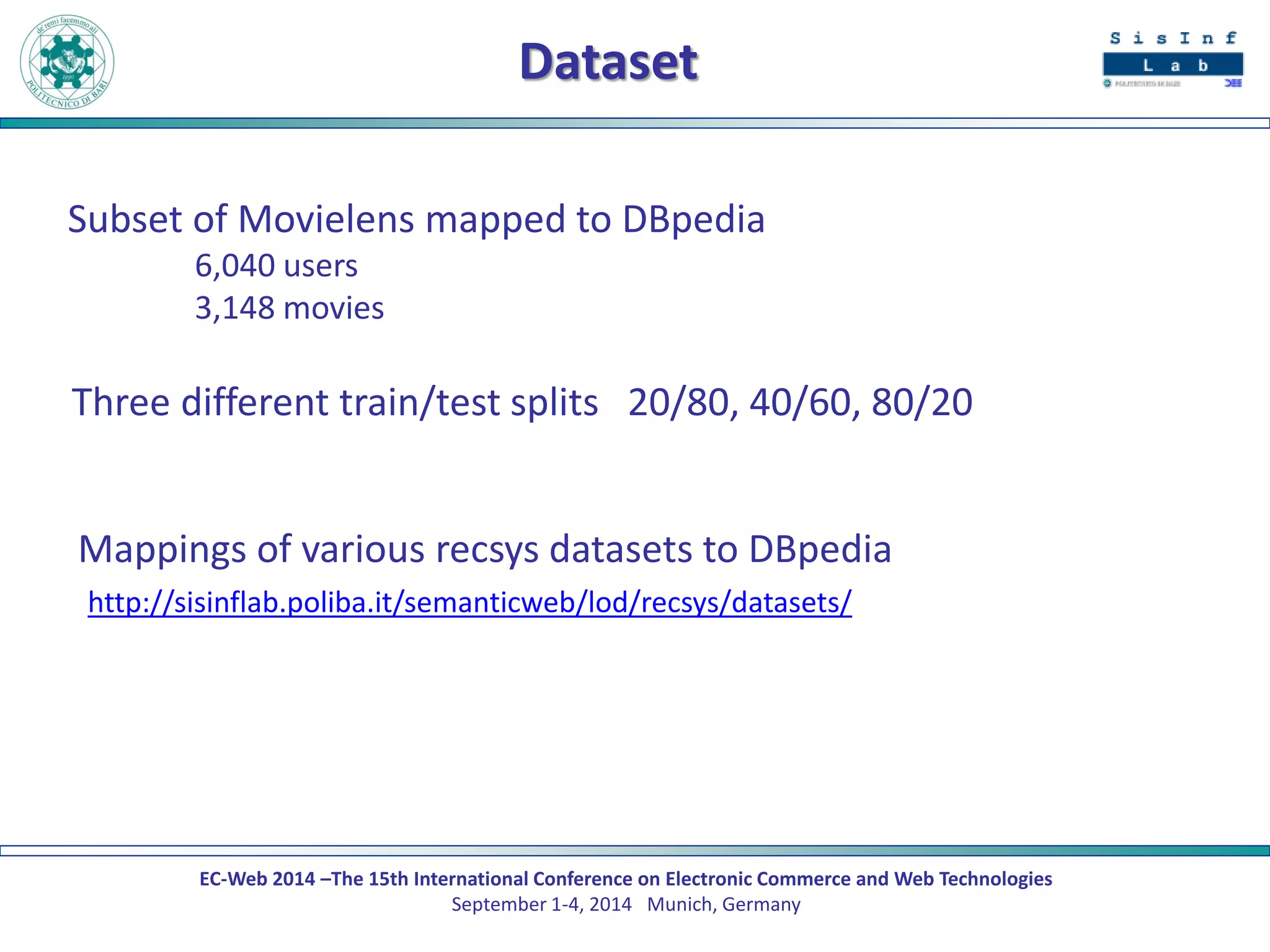EC-Web 2014 –The 15th International Conference on Electronic Commerce and Web Technologies September 1-4, 2014 Munich, Germany 
Dataset 
Subset of Movielens mapped to DBpedia 
6,040 users 
3,148 movies 
Mappings of various recsys datasets to DBpedia 
http://sisinflab.poliba.it/semanticweb/lod/recsys/datasets/ 
Three different train/test splits 20/80, 40/60, 80/20  