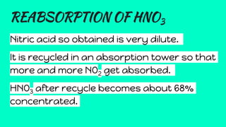 REABSORPTION OF HNO3
Nitric acid so obtained is very dilute.
It is recycled in an absorption tower so that
more and more NO2 get absorbed.
HNO3 after recycle becomes about 68%
concentrated.
 