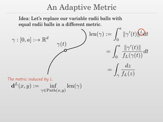 An Adaptive Metric
Idea: Let’s replace our variable radii balls with
equal radii balls in a different metric.
(t)
: [0, a] :! Rd
len( ) :=
Z a
0
k 0
(t)kL
dt
=
Z a
0
k 0
(t)k
fL( (t))
dt
=
Z
dz
fL(z)
dL
(x, y) := inf
2Path(x,y)
len( )
The metric induced by L.
 