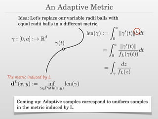 An Adaptive Metric
Idea: Let’s replace our variable radii balls with
equal radii balls in a different metric.
(t)
: [0, a] :! Rd
len( ) :=
Z a
0
k 0
(t)kL
dt
=
Z a
0
k 0
(t)k
fL( (t))
dt
=
Z
dz
fL(z)
dL
(x, y) := inf
2Path(x,y)
len( )
The metric induced by L.
Coming up: Adaptive samples correspond to uniform samples
in the metric induced by L.
 