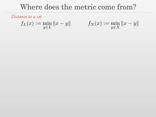 Where does the metric come from?
fL(x) := min
y2L
kx yk fX(x) := min
y2X
kx yk
Distance to a set
 