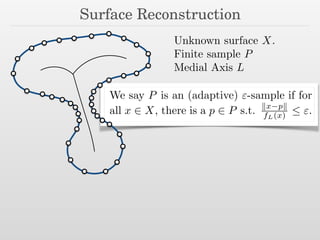 We say P is an (adaptive) "-sample if for
all x 2 X, there is a p 2 P s.t. kx pk
fL(x)  ".
Surface Reconstruction
Unknown surface X.
Finite sample P
Medial Axis L
 