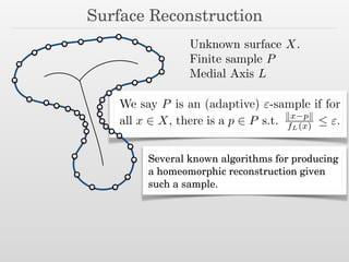 We say P is an (adaptive) "-sample if for
all x 2 X, there is a p 2 P s.t. kx pk
fL(x)  ".
Surface Reconstruction
Unknown surface X.
Finite sample P
Medial Axis L
Several known algorithms for producing
a homeomorphic reconstruction given
such a sample.
 