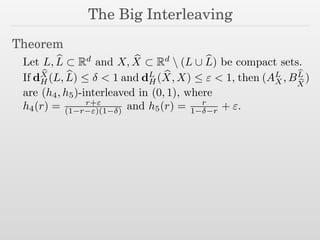 The Big Interleaving
Theorem
Let L, bL ⇢ Rd
and X, bX ⇢ Rd
 (L [ bL) be compact sets.
If d
bX
H (L, bL)  < 1 and dL
H( bX, X)  " < 1, then (AL
X , B
bL
bX
)
are (h4, h5)-interleaved in (0, 1), where
h4(r) = r+"
(1 r ")(1 ) and h5(r) = r
1 r + ".
 