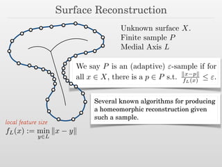 We say P is an (adaptive) "-sample if for
all x 2 X, there is a p 2 P s.t. kx pk
fL(x)  ".
Surface Reconstruction
Unknown surface X.
Finite sample P
Medial Axis L
Several known algorithms for producing
a homeomorphic reconstruction given
such a sample.
fL(x) := min
y2L
kx yk
local feature size
 