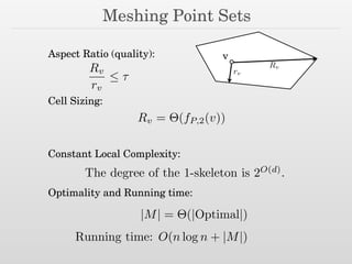 Meshing Point Sets
Aspect Ratio (quality):
Cell Sizing:
Constant Local Complexity:
Optimality and Running time:
v
Rv
rv
Rv
rv
≤ τ
|M| = Θ(|Optimal|)
Running time: O(n log n + |M|)
The degree of the 1-skeleton is 2O(d)
.
Rv = ⇥(fP,2(v))
 