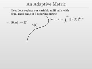 An Adaptive Metric
Idea: Let’s replace our variable radii balls with
equal radii balls in a different metric.
(t)
: [0, a] :! Rd
len( ) :=
Z a
0
k 0
(t)kL
dt
 