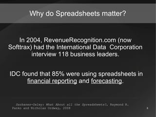 Why do Spreadsheets matter?

In 2004, RevenueRecognition.com (now
Softtrax) had the International Data Corporation
intervi...