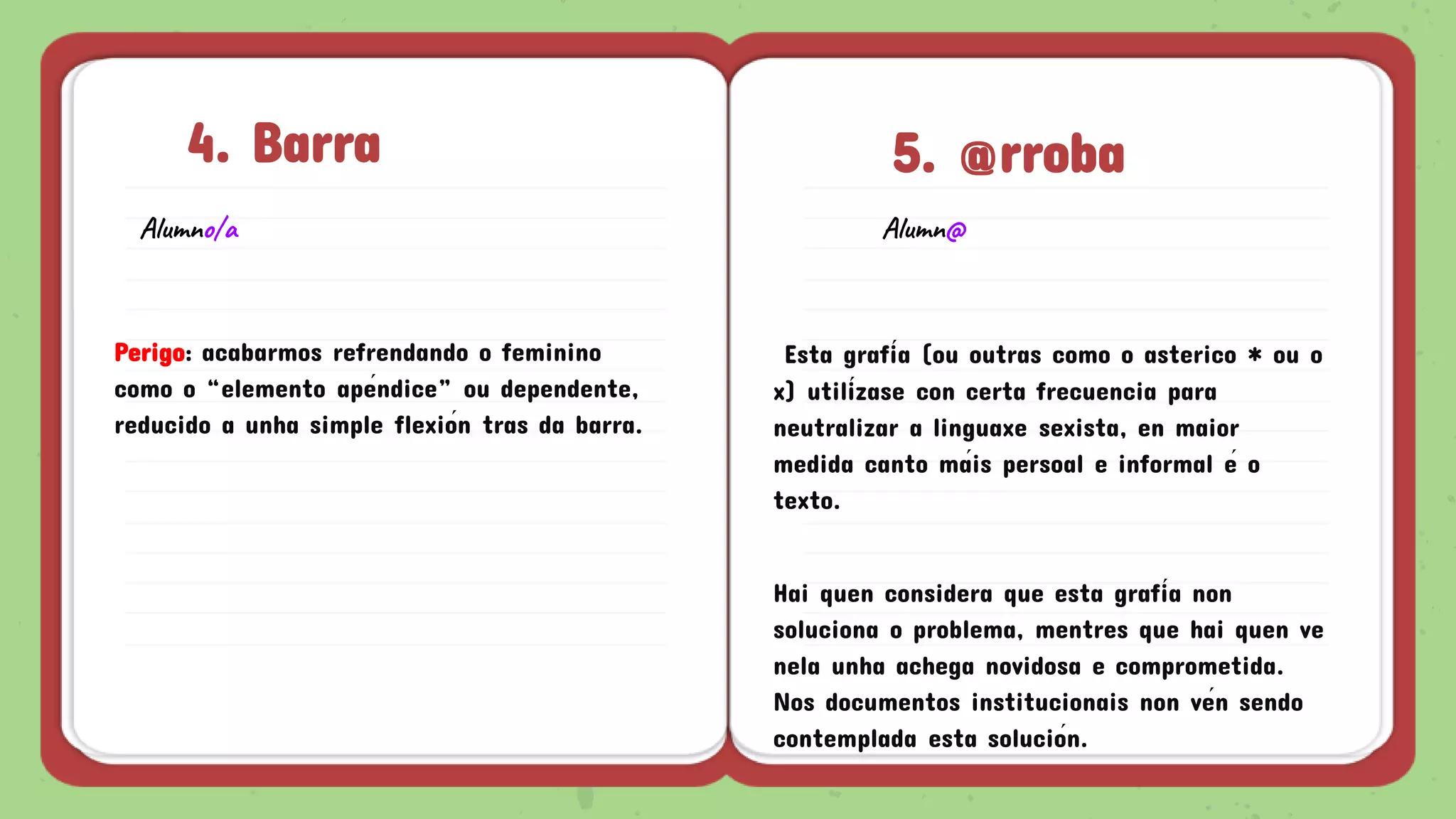 4. Barra 5. @rroba
Alumno/a
Perigo: acabarmos refrendando o feminino
como o “elemento apéndice” ou dependente,
reducido a unha simple flexión tras da barra.
Alumn@
Esta grafía (ou outras como o asterico * ou o
x) utilízase con certa frecuencia para
neutralizar a linguaxe sexista, en maior
medida canto máis persoal e informal é o
texto.
Hai quen considera que esta grafía non
soluciona o problema, mentres que hai quen ve
nela unha achega novidosa e comprometida.
Nos documentos institucionais non vén sendo
contemplada esta solución.
 