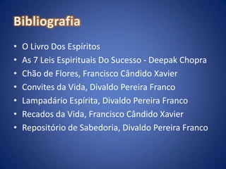BibliografiaO Livro Dos EspíritosAs 7 Leis Espirituais Do Sucesso - DeepakChopraChão de Flores, Francisco Cândido XavierConvites da Vida, Divaldo Pereira FrancoLampadário Espírita, Divaldo Pereira FrancoRecados da Vida, Francisco Cândido XavierRepositório de Sabedoria, Divaldo Pereira Franco