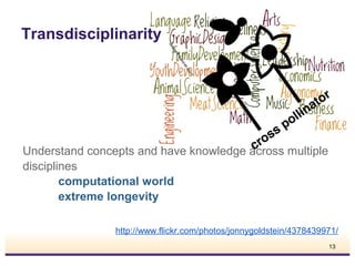 Transdisciplinarity

Understand concepts and have knowledge across multiple
disciplines
computational world
extreme longevity
http://www.flickr.com/photos/jonnygoldstein/4378439971/
13

 