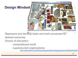 Design Mindset

Represent and develop tasks and work processes for
desired outcomes
Drivers of disruption:
computational world
superstructed organizations
http://www.flickr.com/photos/designandtechnologydepartment/6828102552/
14

 