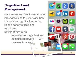 Cognitive Load
Management
Discriminate and filter information for
importance, and to understand how
to maximize cognitive functioning
using a variety of tools and
techniques
Drivers of disruption:
superstructed organizations
computational world
new media ecology

15

 